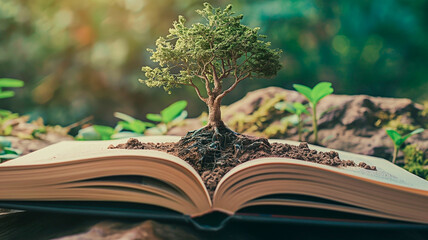 Concept of learning and wisdom expansion with open book showing a tree sprouting from it on nature backdrop.
