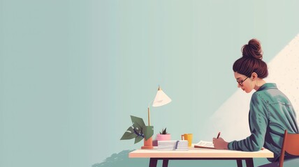 A teacher grading papers at their desk with various stationary and books around.