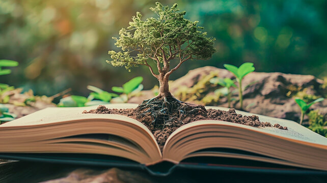 Concept of learning and wisdom expansion with open book showing a tree sprouting from it on nature backdrop.