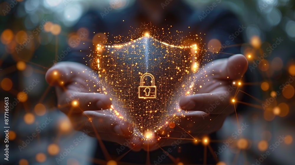 Poster businessman holding a shield with a padlock in hand for cyber security concept.