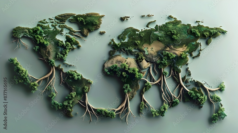Poster interconnected world map with roots traversing rivers and mountains