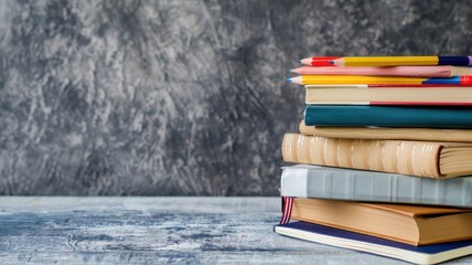 A neat stack of textbooks and notebooks with pencils on top, placed on a wooden surface against a gray background.