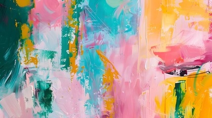 Gorgeous abstract painting with muted tones and vibrant colors. Pink, mint green, and yellow artistic maximalist wall decor in vibrant colors