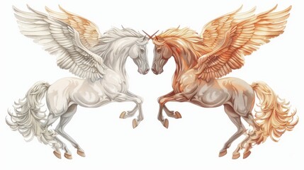 Fototapeta premium Two winged horses on white background, one white and one brown, rear on their hind legs label design 
