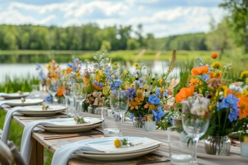 Fototapeta premium Outdoor Table Setting with Floral Arrangements