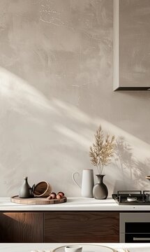 kitchen wall with light gray microcement texture, white marble countertop, beige cabinets, vase of dried flowers, sunlight creating beautiful shadows, simple yet elegant luxury interior design