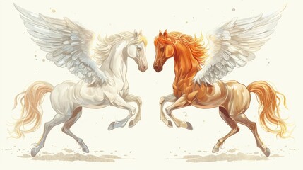 Fototapeta premium Two winged horses on white background, one white and one brown, rear on their hind legs label design 