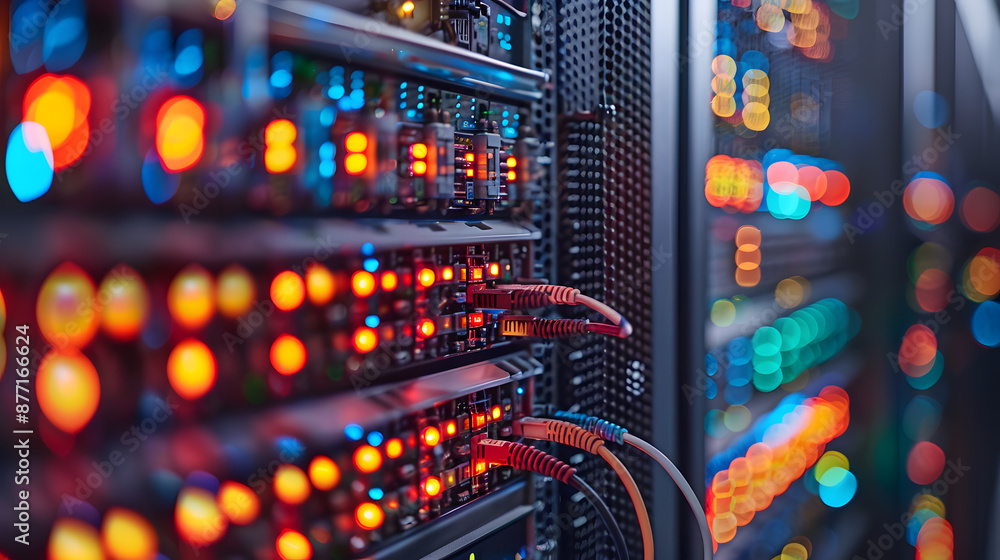 Poster close-up of an illuminated server rack in a data center, showcasing network equipment and colorful s