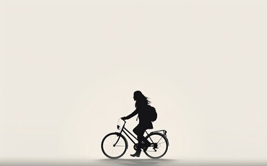 Obraz premium Silhouette of a Young Woman Riding a Bicycle with Backpack in Minimalistic Setting