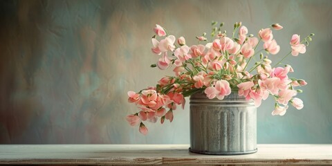 Soft pastel sweet peas in a vintage tin, against a solid cream background 