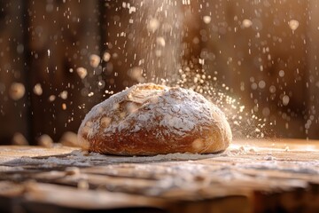 Freshly baked bread being dusted with flour, creating a cloud of flour particles. Warm, rustic, and artisanal baking scene.