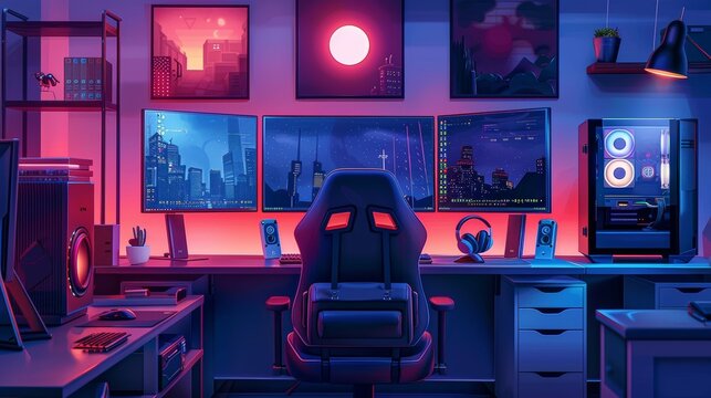 Professional gaming setup with multiple monitors, a high end PC, and a comfortable gaming chair. Cartoon illustrations vectors Generative AI
