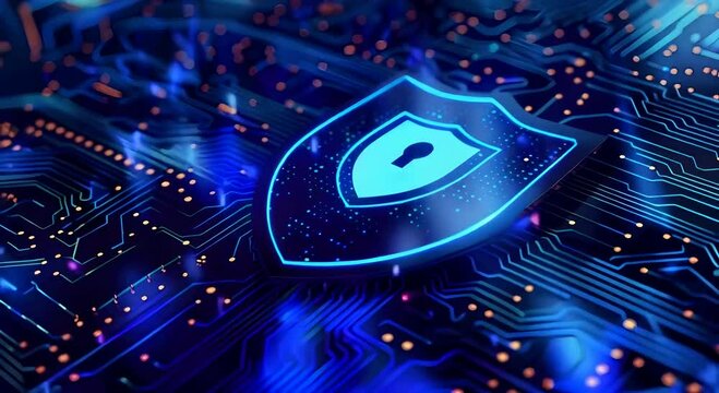 A digital glowing security shield on circuit board background illustrating cyber security protection concept