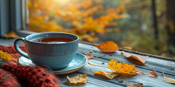 Cozy warm autumn composition with cup of hot tea, book, cozy plaid blanket and autumn leaves by a window on fall day. Autumn home decor.