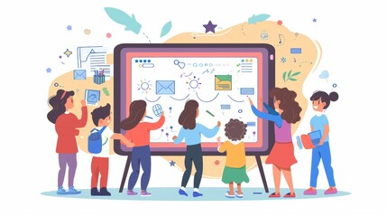 Engaging Classroom: Teacher and Students Interacting with Smart Board During Lesson