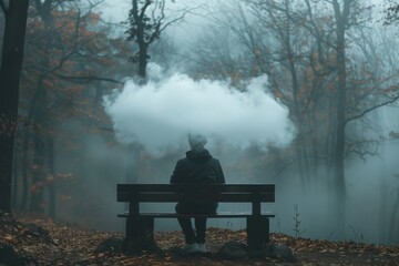Surreal Foggy Forest Scene with Person and Cloud