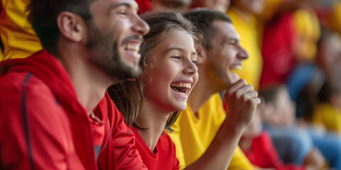 Fototapeta premium Excited sports fans wearing red and yellow clothes celebrating the victory of their team. People chanting and cheering for their soccer team. Family watching football match.