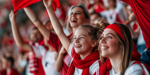 Fototapeta premium Excited sports fans wearing red and white clothes celebrating the victory of their team. People chanting and cheering for their soccer team. Family watching football match.