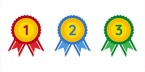 Colors medals, awards, ribbons for first, second, third place with sharp edges. Isolated on transparent background