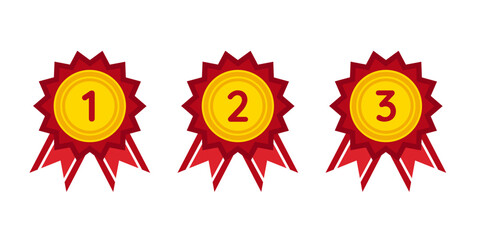 Red medals, awards, ribbons for first, second, third place with sharp edges. Isolated on transparent background