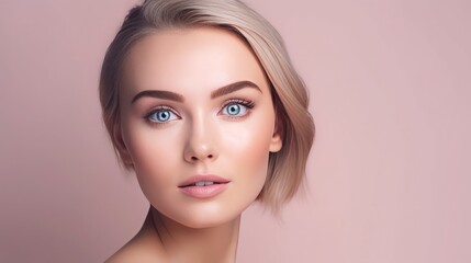 Fototapeta premium A female model facing the camera, model with beautiful face for cosmetics, isolated blank background