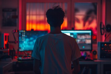 Back view of a gamer in a dimly-lit room with neon lights