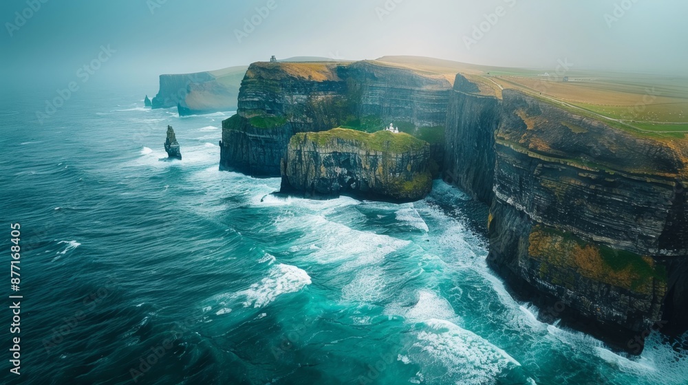 Poster the rugged coastal cliffs of ireland with waves crashing below. include a lighthouse in the distance
