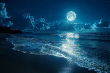Tranquil beach under a full moon with serene waves reflecting the moonlight, creating a peaceful and calming atmosphere.