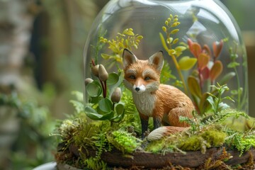 Naklejka premium Miniature Fox Under Glass Dome
