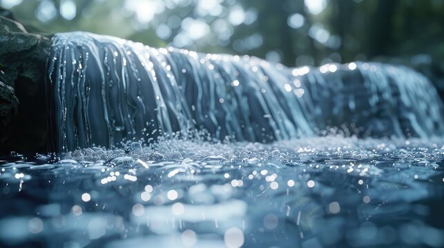 Close-up of clear fresh water flowing over a small dam in a natural outdoor setting against a backdrop of green trees on a sunny day.