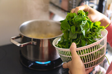 A woman is blanching or cooking spinach in a pot on a stove. She is holding a basket of spinach in her hand, home cooking concept