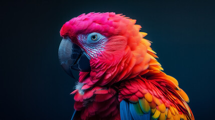 Fototapeta premium Vibrant close-up of a colorful parrot with striking feathers, against a dark background. Perfect for exotic wildlife and nature concepts.