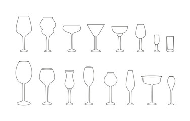 Big set of linear wine glasses and goblets. Outline logo, icon, doodle. Wine tasting. Sommelier. Party, birthday celebration time. Contour. 