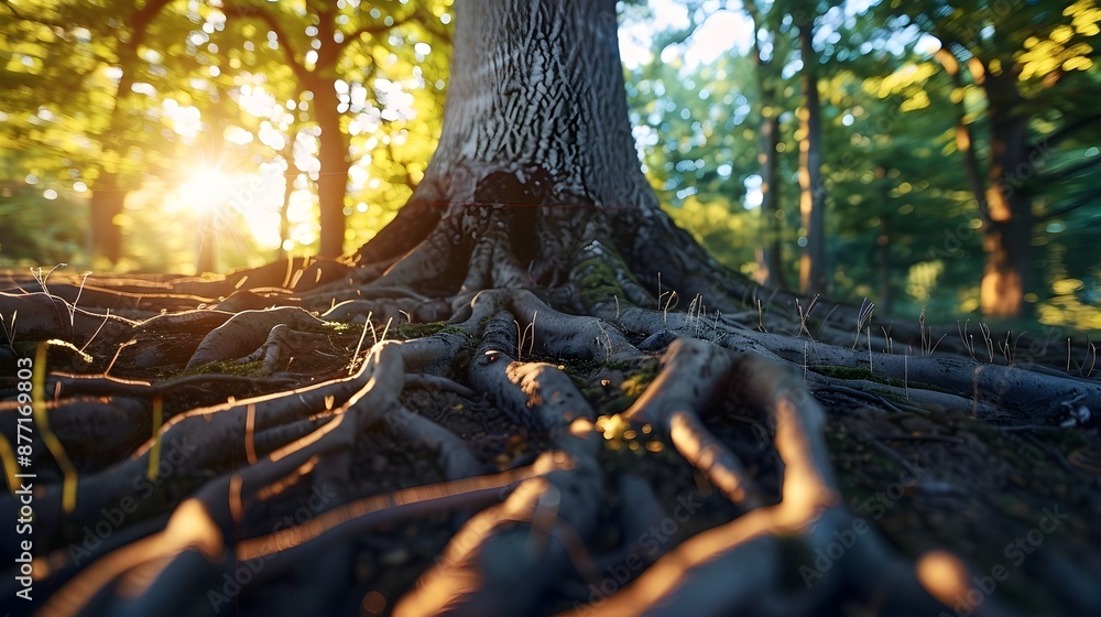 Aufkleber intertwining tree roots and global weather patterns illustrate climate systems interconnectivity