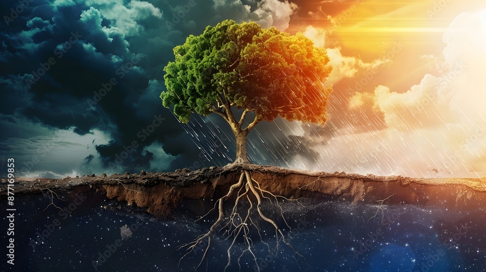 Aufkleber interconnected tree roots entwined with global weather patterns