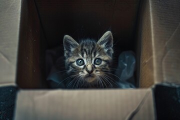 Cute sad kitten sitting in the box