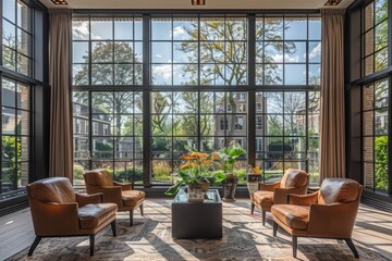Modern Sunroom with Leather Chairs and Glass Wall