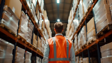 Worker in high-visibility vest navigating rows of shelves in a large warehouse, focusing on inventory management and logistics.