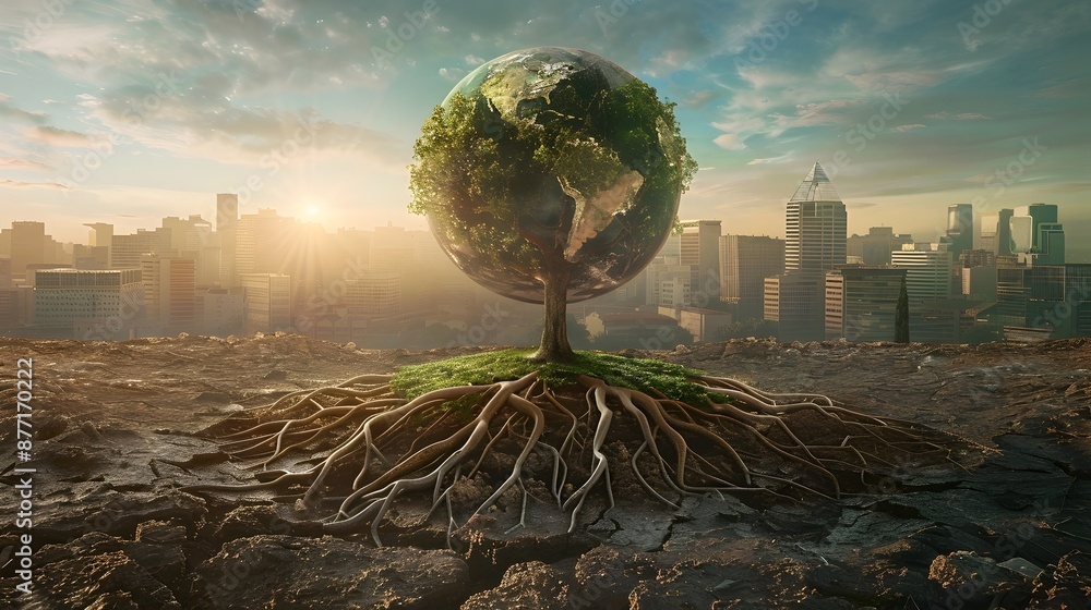 Poster globe with interconnected roots balancing nature and urban development