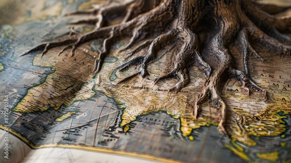 Aufkleber tree roots spreading across a world atlas,symbolizing the global dissemination of knowledge and