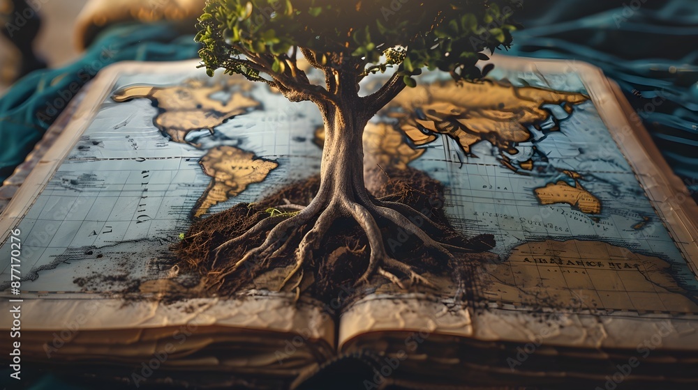 Aufkleber tree roots spreading across a world atlas symbolizing the global dissemination of knowledge and