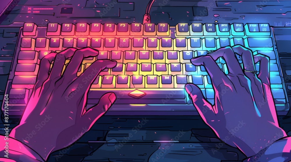 Poster close-up of hands on a mechanical keyboard, with fast-paced typing and bright key backlighting. cart