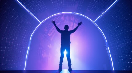Fototapeta premium Commanding Presence: Silhouette of Keynote Speaker Captivates Tech Conference Audience