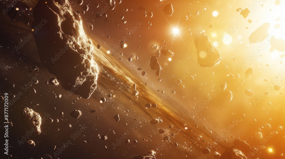 Wall mural close-up view of asteroid belt orbiting in solar system - space exploration and celestial bodies con