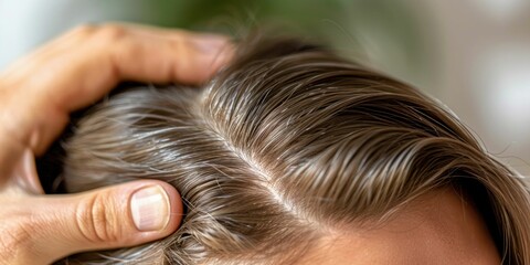 Fototapeta premium Close-up of Woman's Hands Touching Hair Roots. Generative ai.