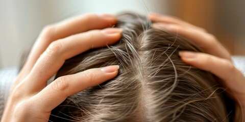 Naklejka premium Close-up of Woman's Hands Touching Hair Roots. Generative ai.