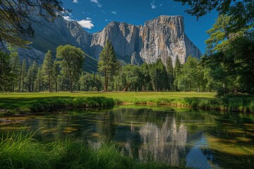 Towering Granite Cliffs Over Pristine River in Yosemite National Park