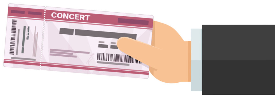 A hand presents a concert ticket in flat design style (cut out)