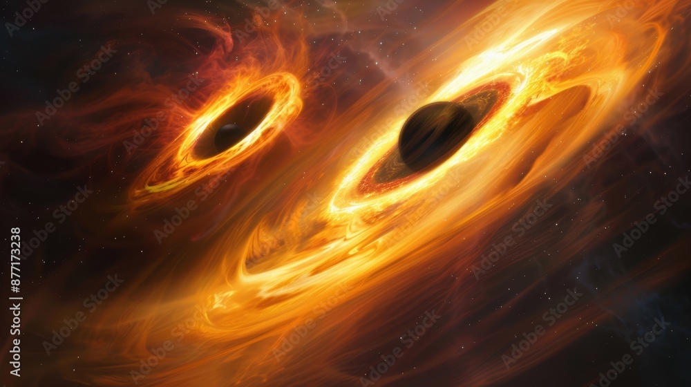 Wall mural celestial ballet: binary black hole system merging in a mesmerizing display of cosmic dance
