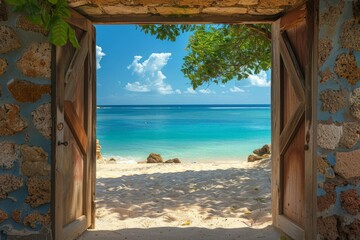 Beautiful Tropical Beach View Through Rustic Doorway